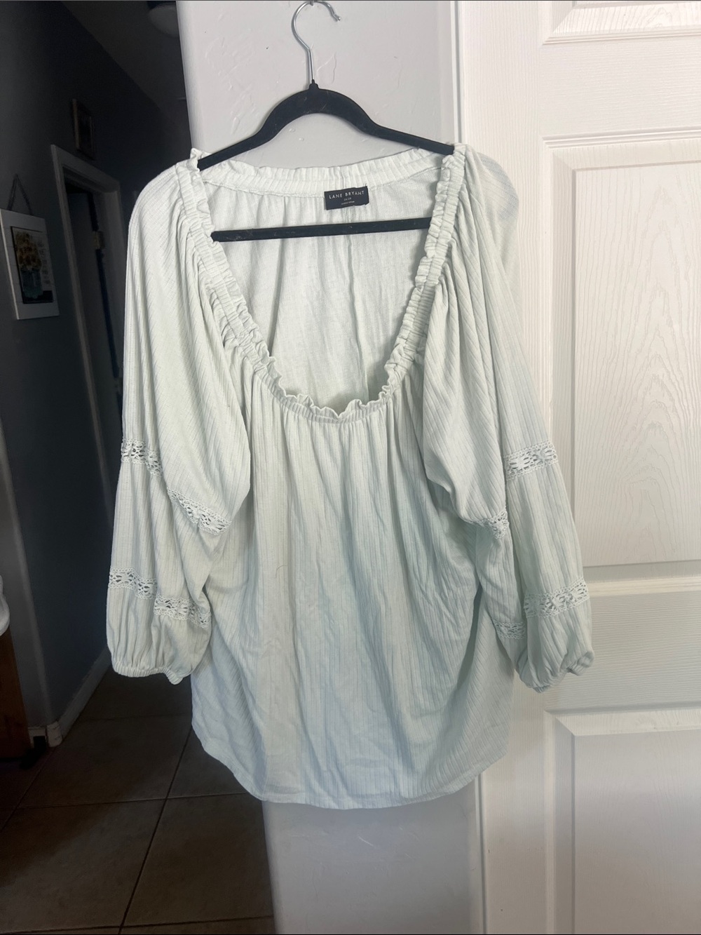Lane Bryant Mint Green Peasant Blouse - Lace Insets, Scoop Neck